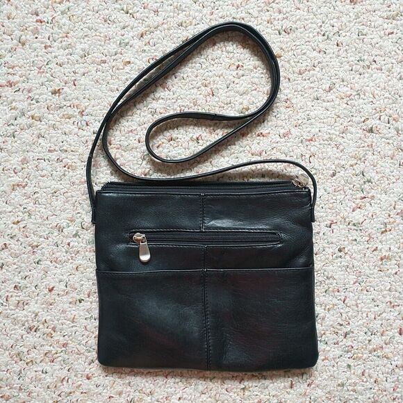 Le Donne Leather Collection Crossbody Shoulder Bag Black Zip Pocket Small Classi - Picture 1 of 16